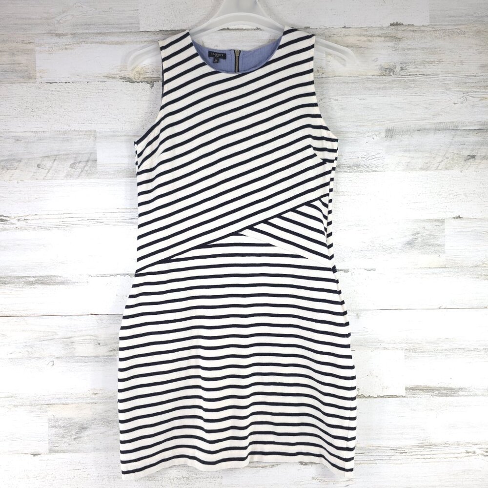 TALBOTS PETITES WOMEN'S SIZE MEDIUM STRIPED SHEATH DRESS SLEVELESS WHITE BLACK..